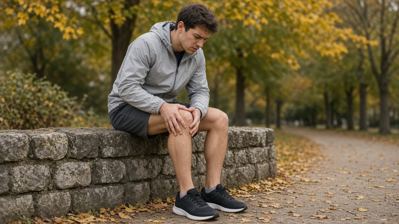 Young adult stopped on an autumn path, holding a painful knee from a sports injury or arthritis